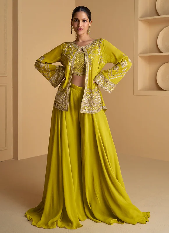 Don’t Miss Out Lime Green Sequence Embroidered Jacket Style Palazzo Suit