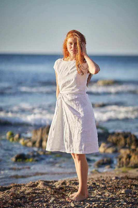 Huge Discounts Linen Midi Dress with Ruched Waist