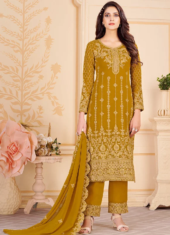 Deal Mania Yellow Georgette Embroidered Eid Salwar Kameez