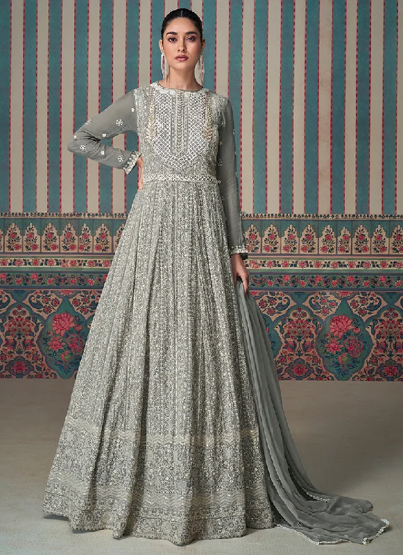 Big Savings Chic Grey Chikankari Embroidery Festive Anarkali Dress