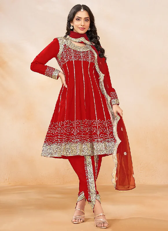 Best Deals Red Golden Embroidered Anarkali And Dhoti Style Pant Suit