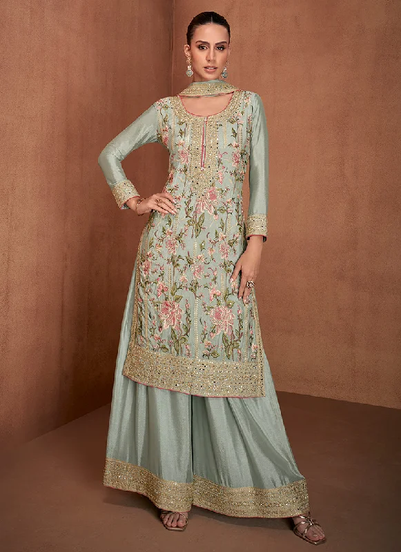 Final Markdown Mint Green Floral Embroidery Festive Palazzo Suit