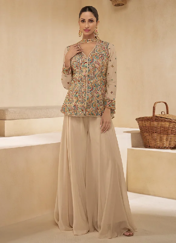 Markdowns Pastel Brown Multi Embroidery Party Wear Sharara Suit