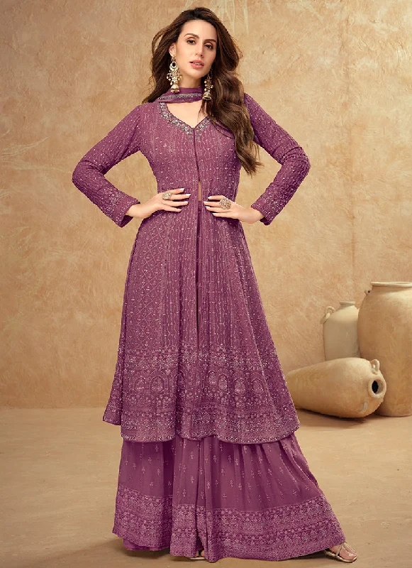 Exclusive Savings Mauve Purple Traditional Embroidery Slit Style Anarkali Palazzo Suit