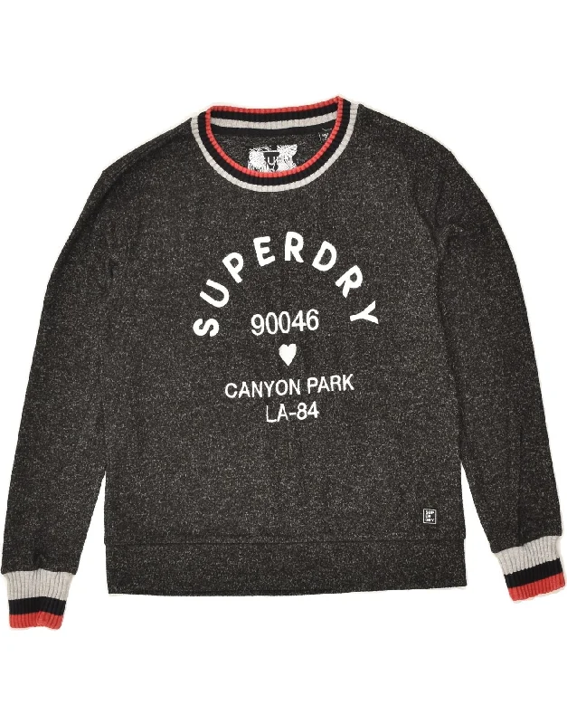 SUPERDRY Womens Graphic Crew Neck Jumper Sweater UK 10 Small Black Flecked