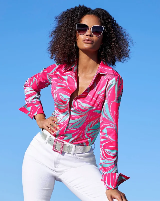 Special Promotion Sirena Abstract Print Sophia Button Up Charmeuse Blouse Blue/Pink