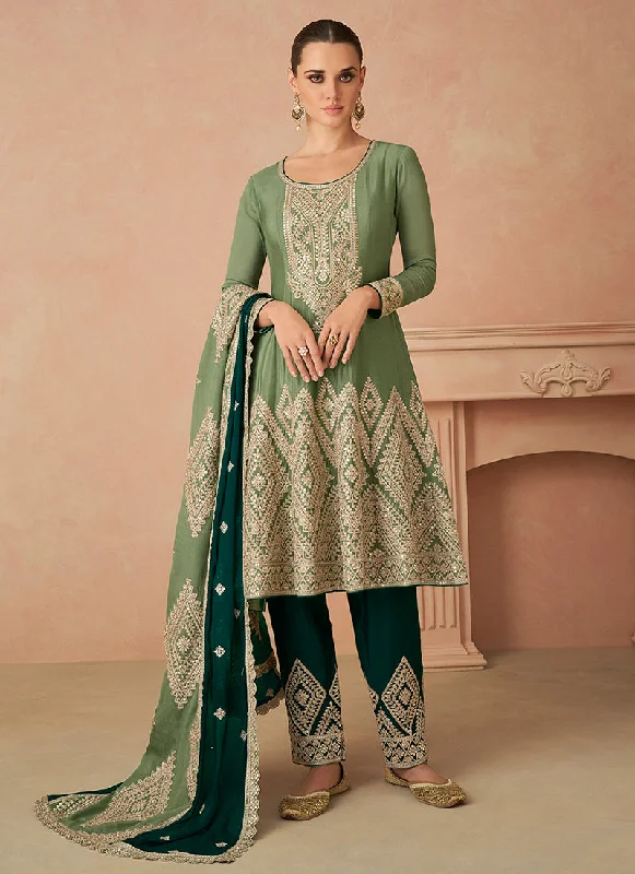 Savings Galore Green Two Tone Cording Embroidered Pant Style Suit