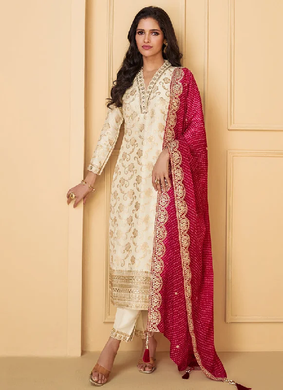 Hurry In Cream And Red Traditional Embroidery Silk Salwar Kameez Suit