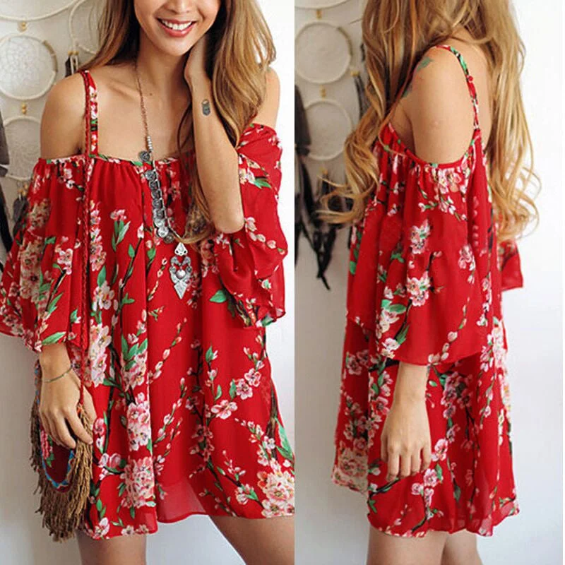 Price Drop Spaghetti Strap Print Off Shoulder Short Sleeve Short Dress