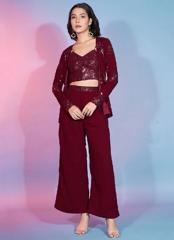 Overstock Maroon Sequence Embellished Co-Ord Style Pant Suit