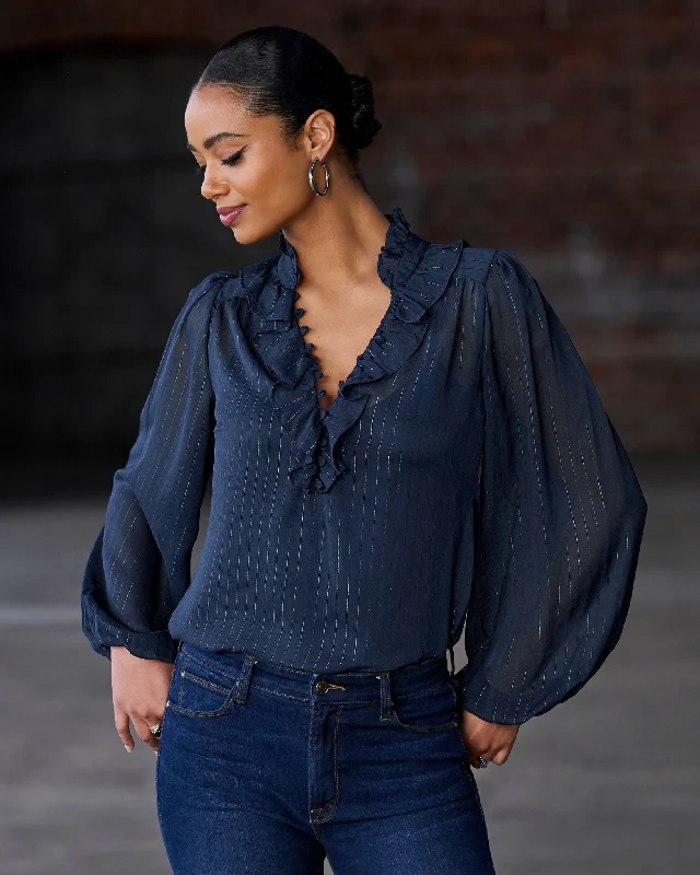 Deal Alert Shimmer Detail Ruffle Peasant Blouse Navy