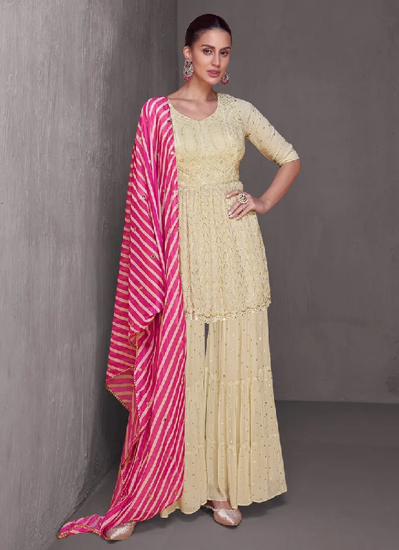 Fantastic Offers Cream And Pink Lucknowi Embroidery Gharara Style Suit