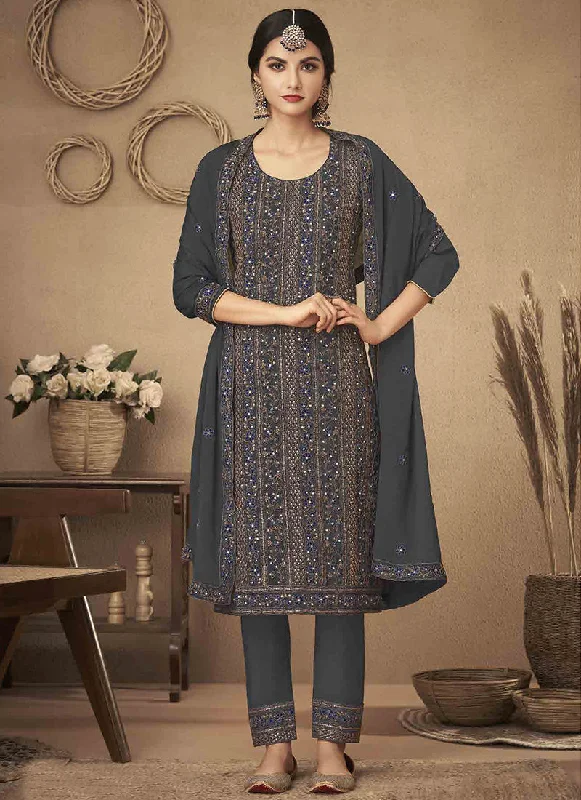 Special Buy Dark Grey Embroidery Traditional Salwar Suit