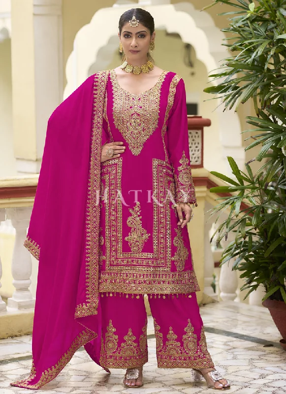 Deal of the Week Rani Pink Golden Embroidered Pakistani Palazzo Style Suit