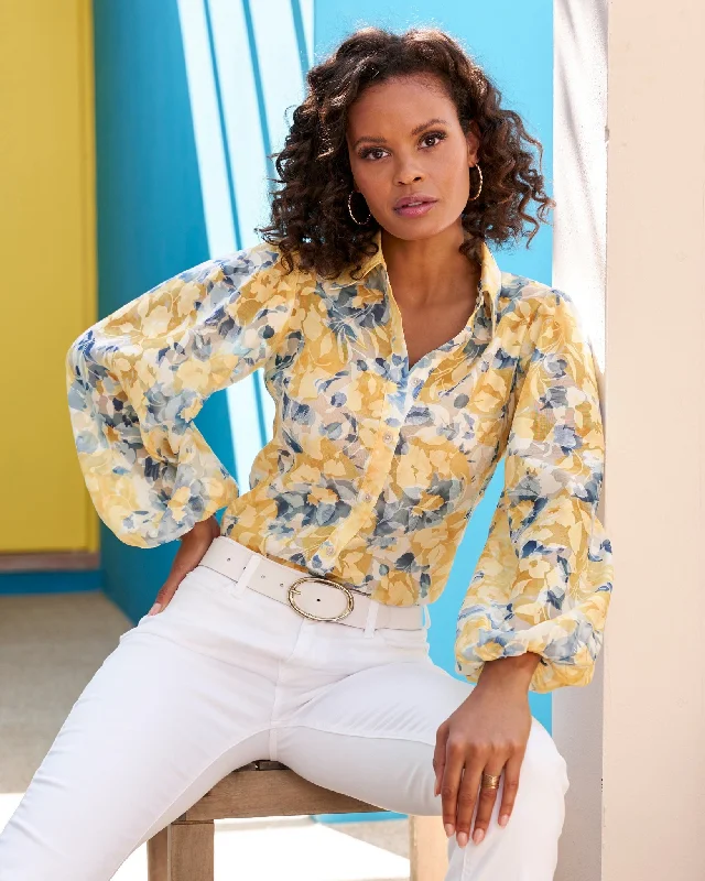 Price Fest Floral Print Organza Burnout Balloon Sleeve Shirt Blue/Yellow