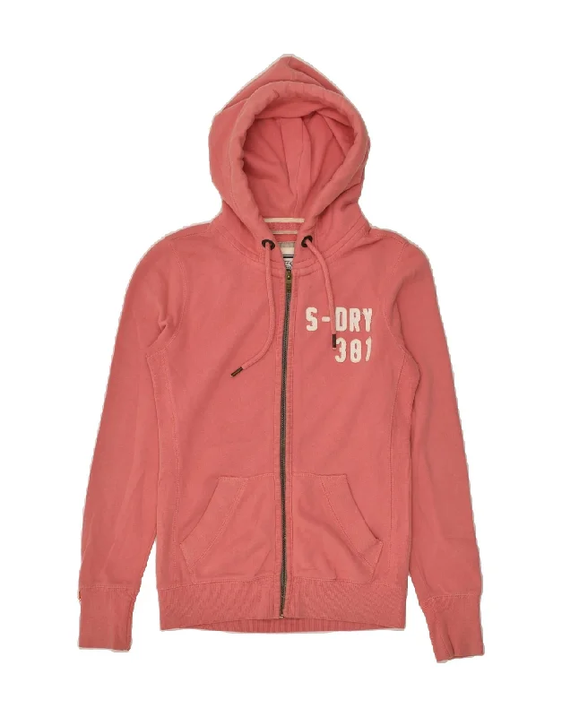 SUPERDRY Womens Graphic Zip Hoodie Sweater UK 6 XS Pink Cotton