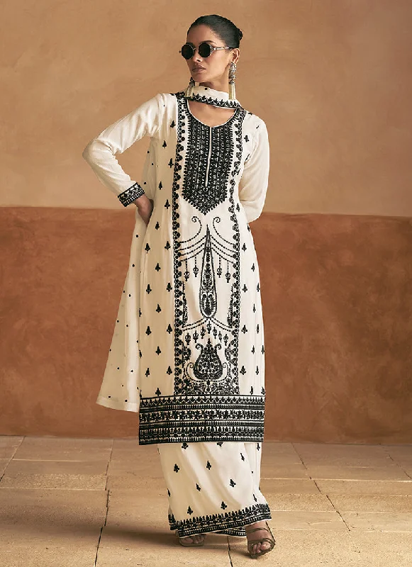 Now or Never White Resham Thread Embroidery Palazzo Style Suit