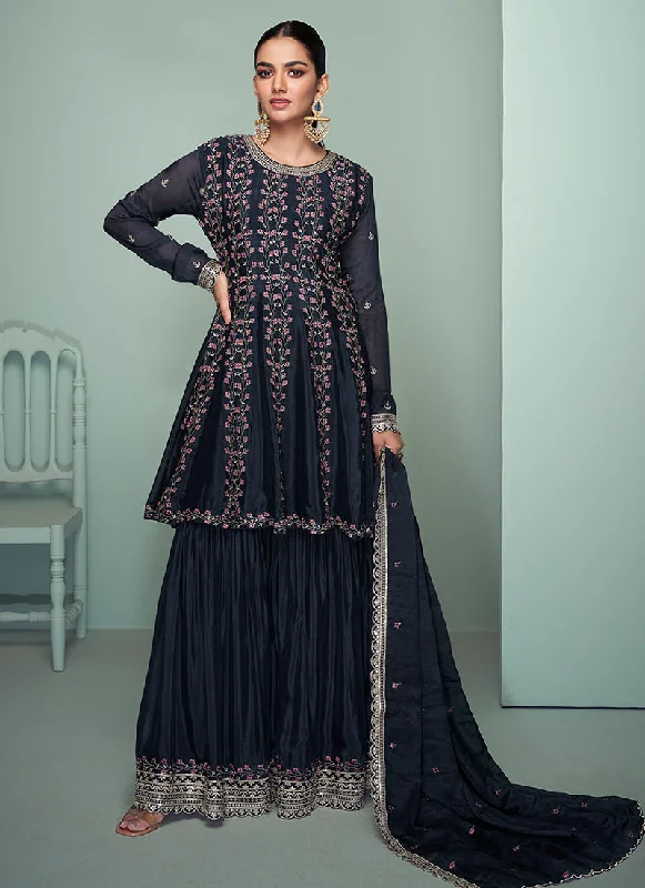 Clearance Items Black Reshamkari Embroidery Gharara Style Suit