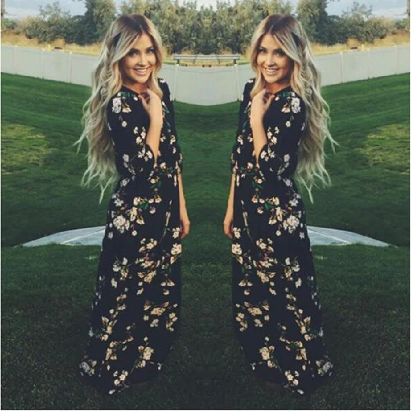 Bonus Savings Floral O-neck Long Sleeve Long Dress