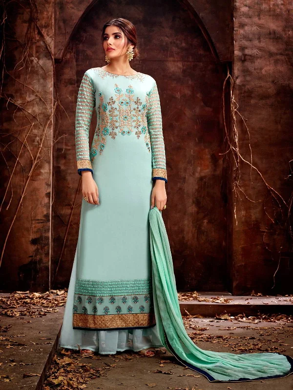 Markdowns Aqua Blue Golden Traditional Embroidered Pakistani Palazzo Suit