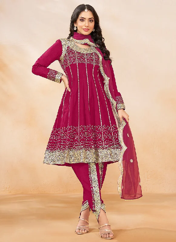 Don't Miss Magenta Golden Embroidered Anarkali And Dhoti Style Pant Suit