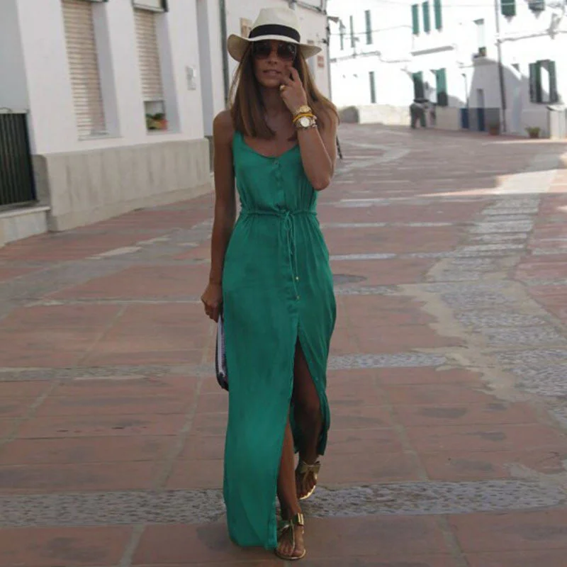 YEAR-End Sale Spaghetti Strap V-neck Pure Color Split Long Dress