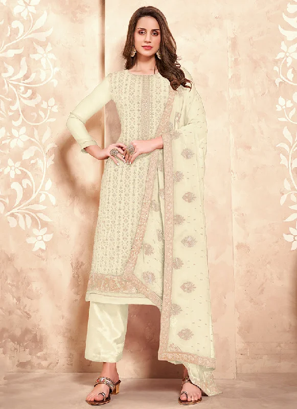 Price Rollback Off White Chikankari Embroidered Pant Style Suit