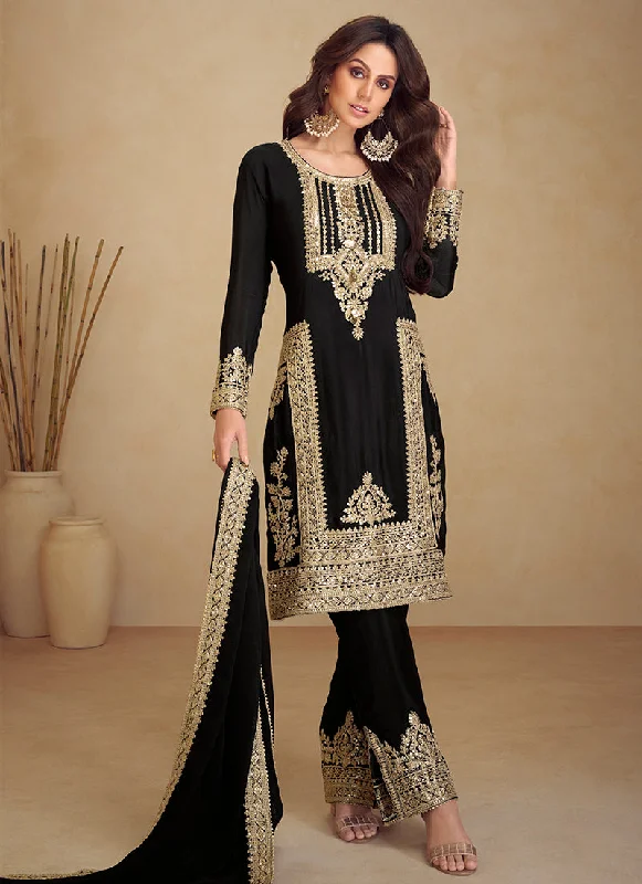 Savings Galore Black Golden Embroidered Pakistani Pant Style Suit