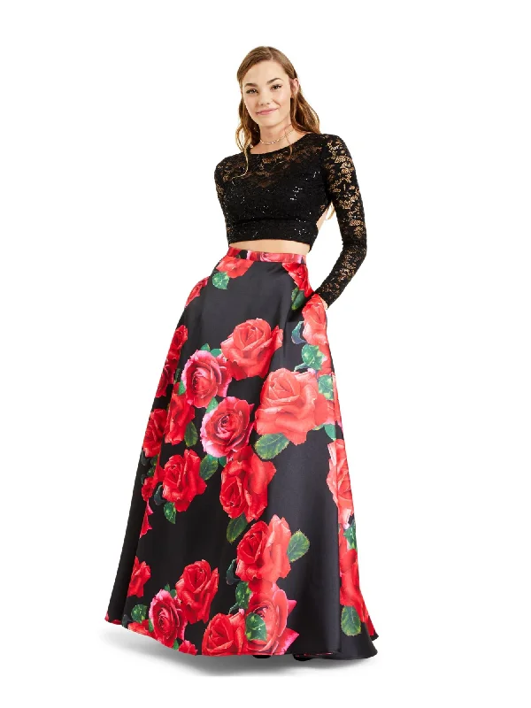 Special Savings B DARLIN Womens Sequined Floral Long Sleeve Scoop Neck Full-Length Prom Fit + Flare Crop Top Dress