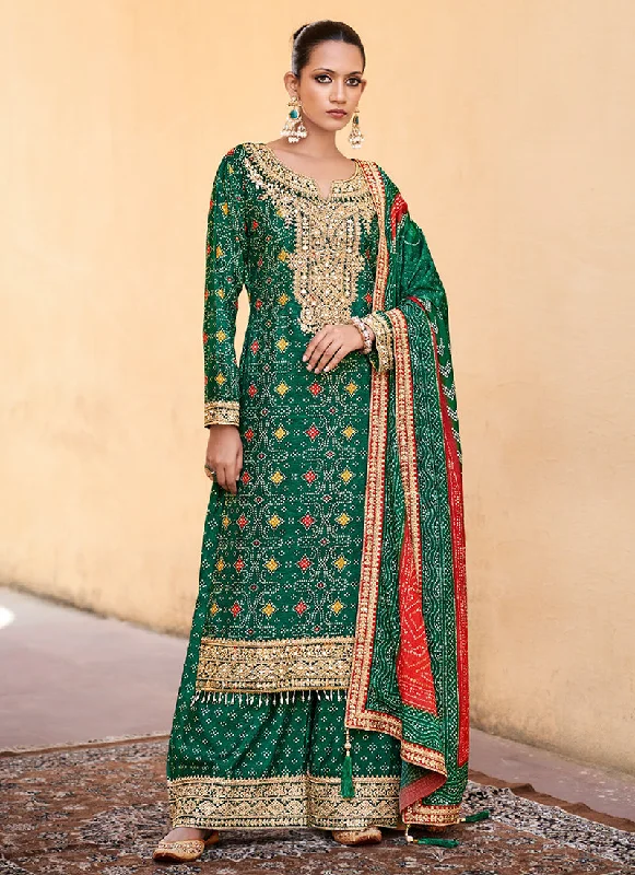 Online Only Green And Red Mirror Embroidery Bandhani Palazzo Suit