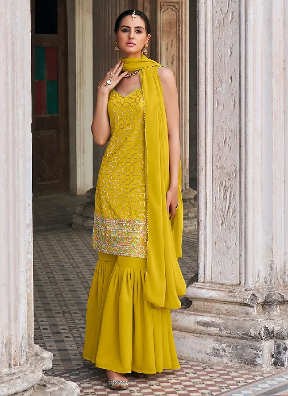 Can't Miss Yellow Multi Embroidery Designer Sharara Suit