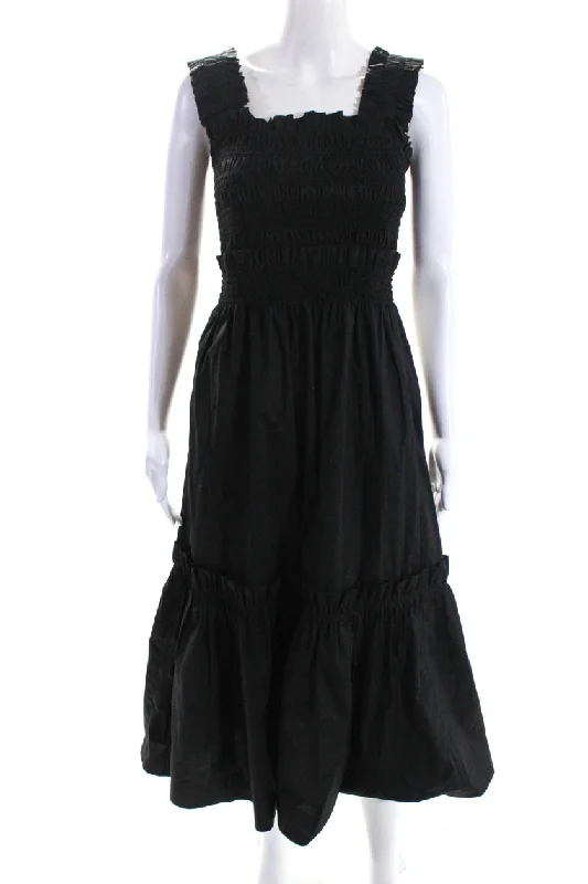 Don't Wait Sea Women's Square Neck Sleeveless Smocked Tiered Maxi Dress Black