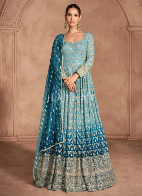 Savings Bonanza Royal Blue Ombré Embroidery Anarkali Dress