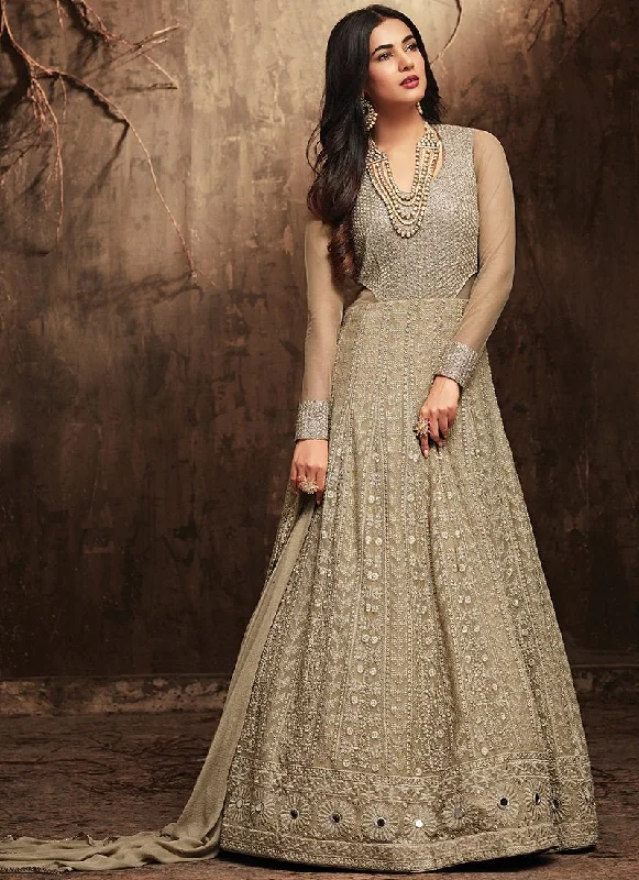 Online Only Silvery Grey Hues With Rustic Embroidered Detail Flared Kaliyaari Anarkali Suit Set