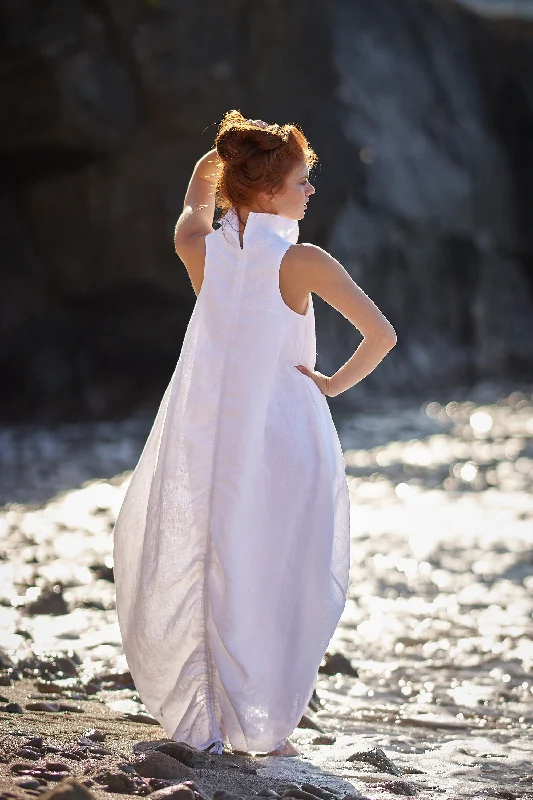 Deal of the Day Cowl Neck Linen Dress in White