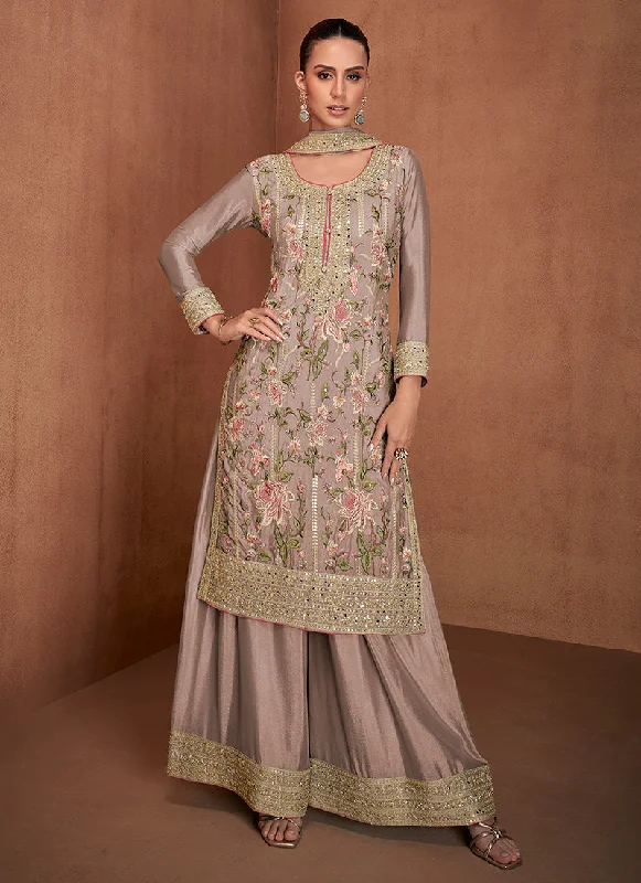Exclusive Savings Mauve Floral Embroidery Festive Palazzo Suit