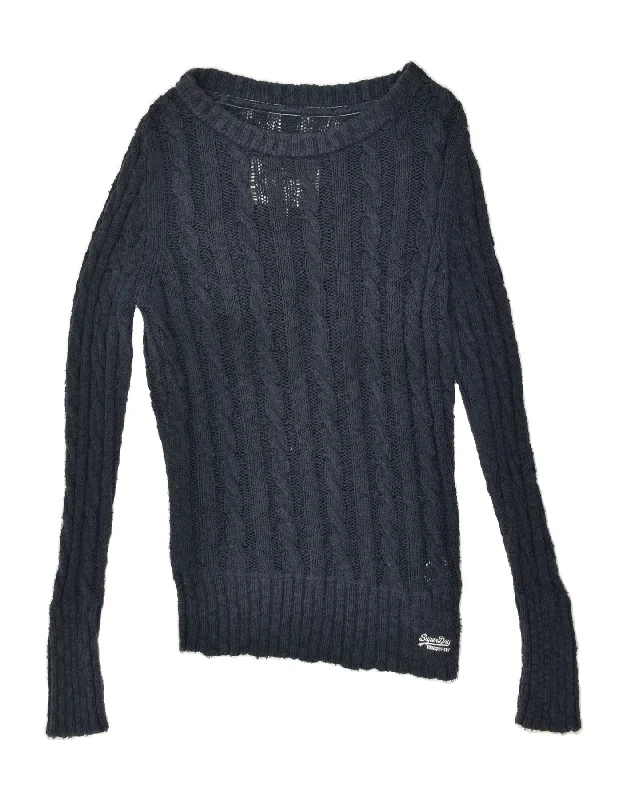 SUPERDRY Womens Boat Neck Jumper Sweater UK 14 Medium Navy Blue Cotton