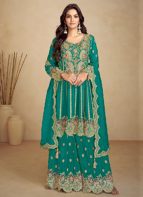 Savings Galore Turquoise Embroidery Festive Gharara Suit