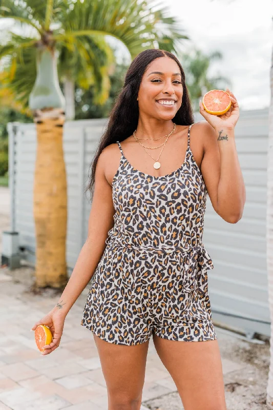 Year-End Sale Wild Spirit Leopard Print Romper- Natural