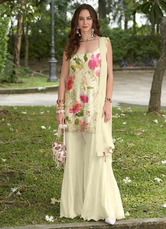 Limited Stock Off White Multicoloured Sequence Embroidery Printed Palazzo Suit