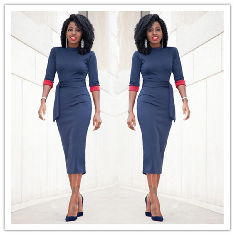 Doorbuster Deal Pure Color Belt O-neck Long Sleeve Mid-calf Dress