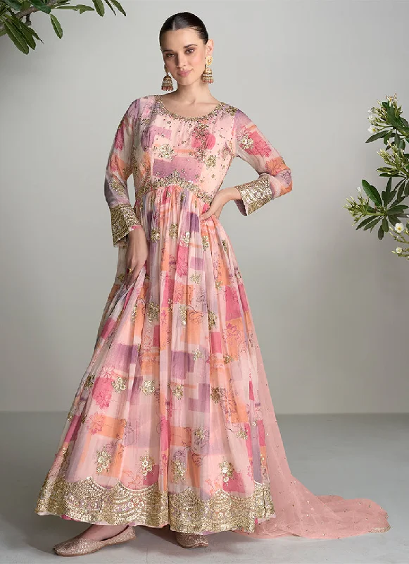 Final Clearance Peach And Pink Digital Printed Handwork Embroidered Anarkali Gown