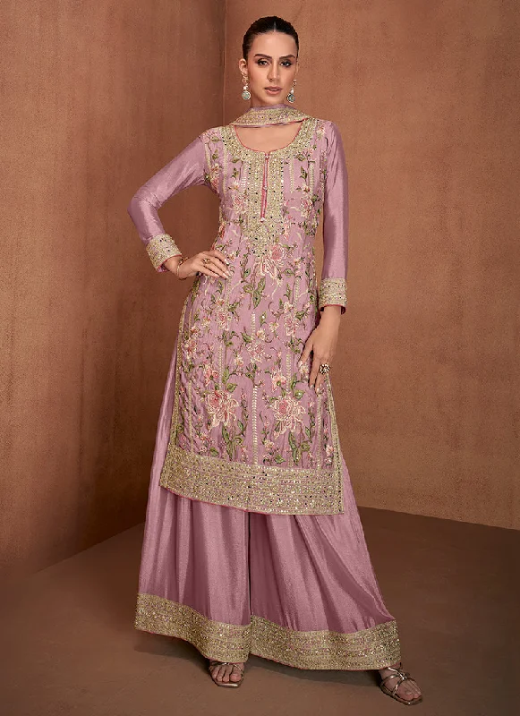 Fantastic Offers Soft Pink Floral Embroidery Festive Palazzo Suit
