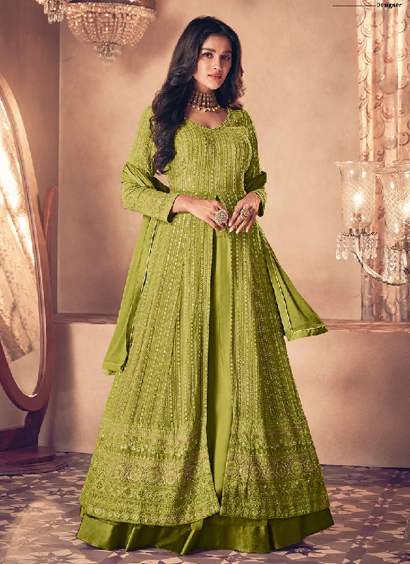 Act Now Green Traditional Sequence Embroidered Wedding Anarkali Lehenga