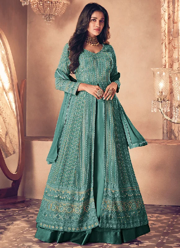 Exclusive Online Offer Turquoise Traditional Sequence Embroidered Wedding Anarkali Lehenga
