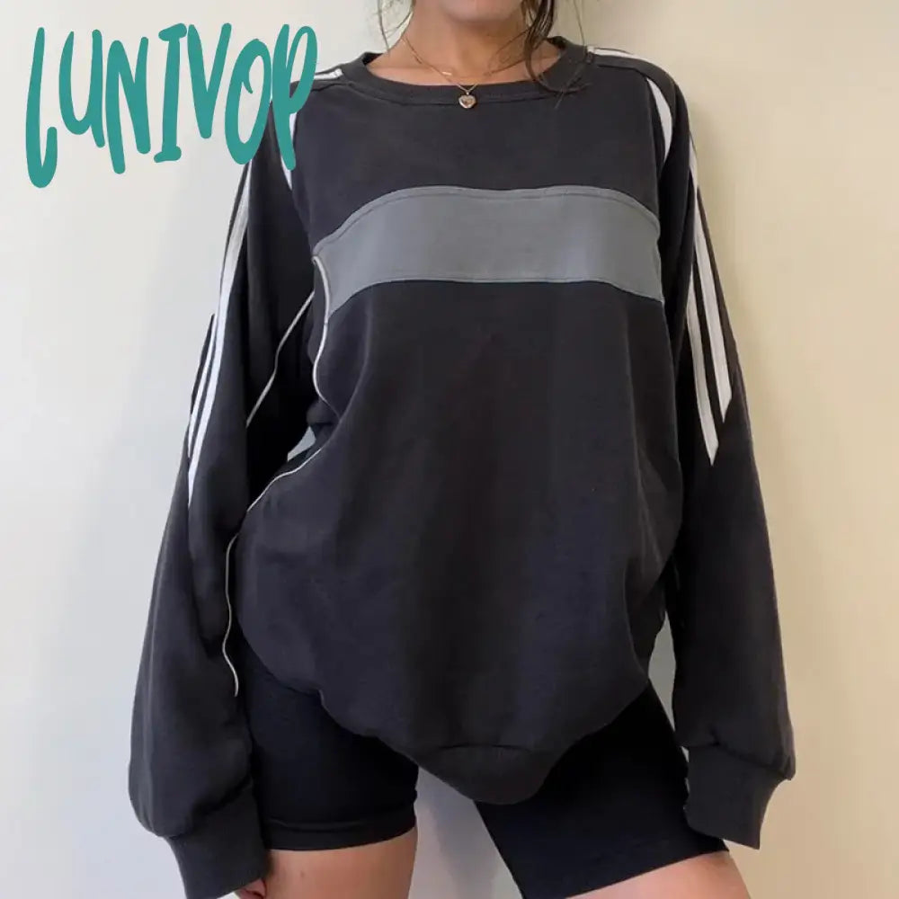 Lunivop Casual Black Patchwork Tops For Women Loose Long Sleeve O Neck Sweatshirt Autumn Y2K Harajuku Streetwear T-shirt Female Clothing