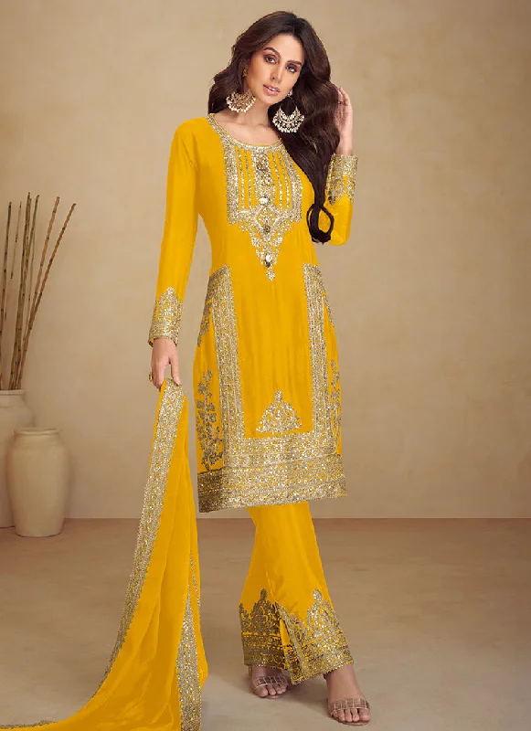 Major Savings Yellow Golden Embroidered Pakistani Pant Style Suit