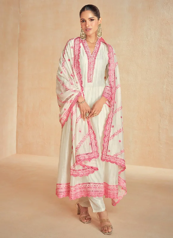 Factory Direct Sale Off White And Pink Embroidery Slit Style Silk Anarkali Suit