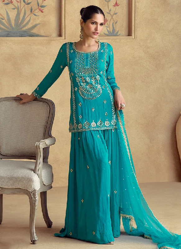 Hurry In Teal Blue Reshamkari Embroidery Gharara Style Suit