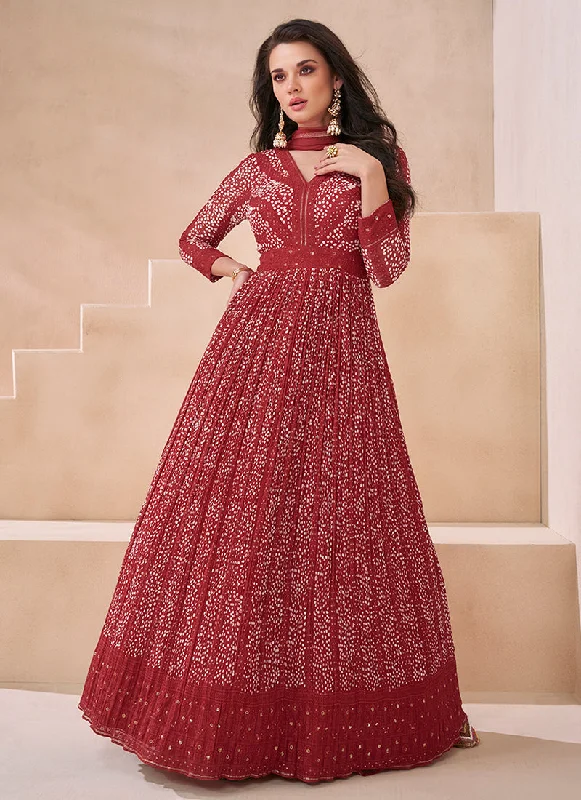 Extra Savings Crimson Red Designer Embroidered Anarkali Gown Dress